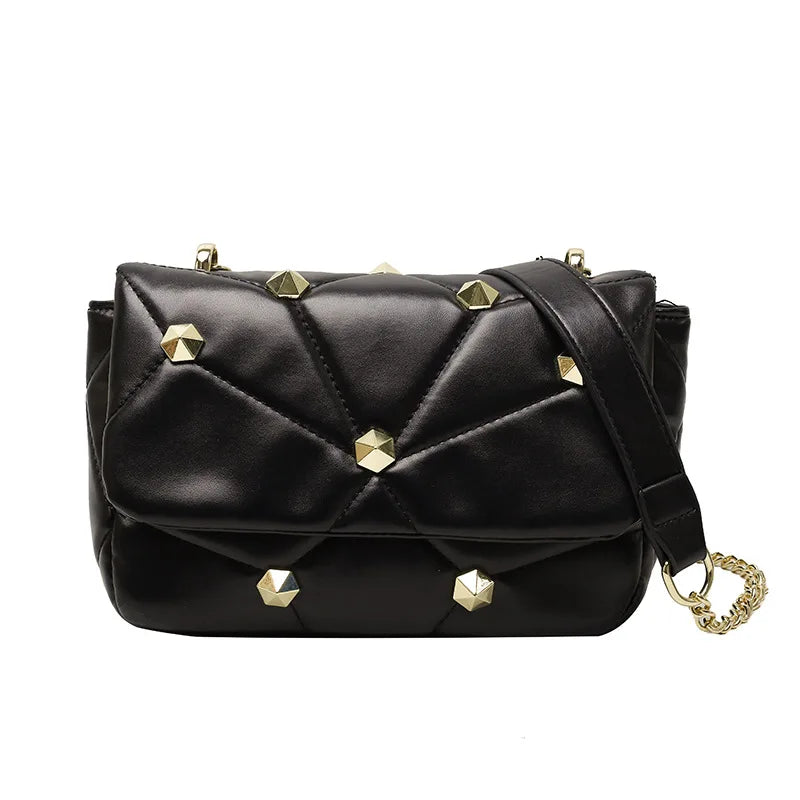 Rivet Small Square Bag Crossbody Chain PU Leather Diamond Lattice Women Bag