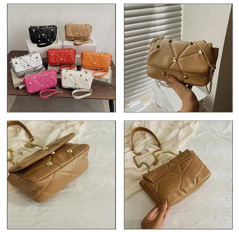 Rivet Small Square Bag Crossbody Chain PU Leather Diamond Lattice Women Bag