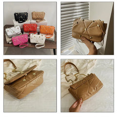 Rivet Small Square Bag Crossbody Chain PU Leather Diamond Lattice Women Bag