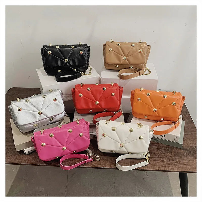Rivet Small Square Bag Crossbody Chain PU Leather Diamond Lattice Women Bag