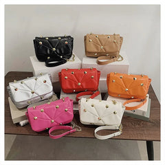 Rivet Small Square Bag Crossbody Chain PU Leather Diamond Lattice Women Bag