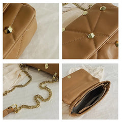 Rivet Small Square Bag Crossbody Chain PU Leather Diamond Lattice Women Bag
