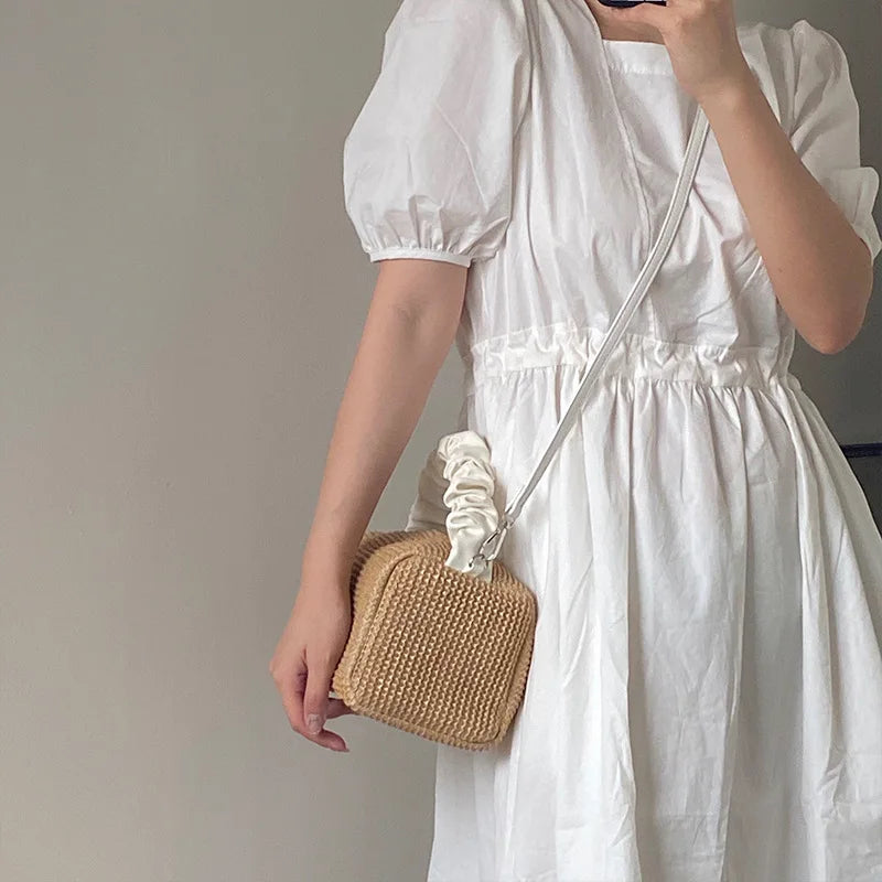 Summer Straw Crossbody Bag Pleated Handle Ladies Handbag