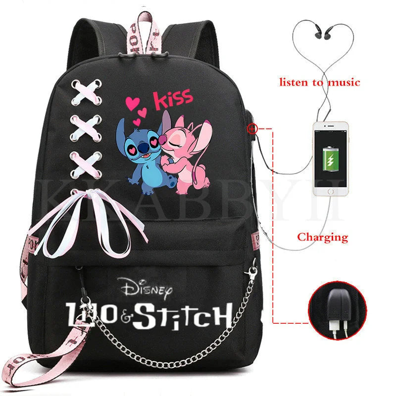 Stitch Mochila Feminina Backpack USB Charging School Bags Teenage Girls Boys