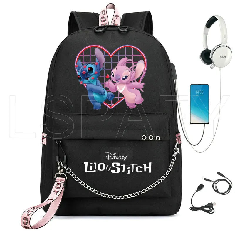 Stitch USB Charging Schoolbag Boys Girls School Backpack