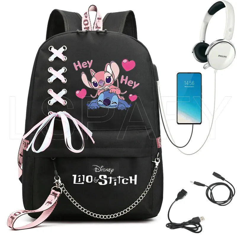 Stitch USB Charging Schoolbag Boys Girls School Backpack