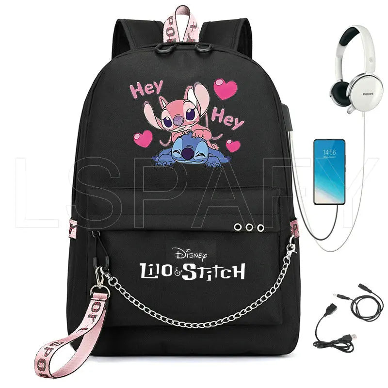 Stitch USB Charging Schoolbag Boys Girls School Backpack