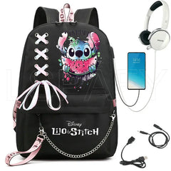 Stitch USB Charging Schoolbag Boys Girls School Backpack