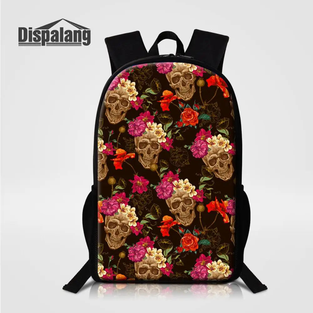 Flower Skull Print School Backpack for Teens Kids Large Travel Bag