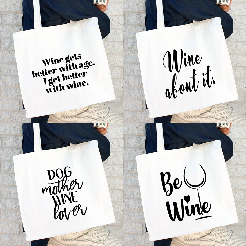 Dog Mother Wine Lover Print T Shirt Women Canvas Bag