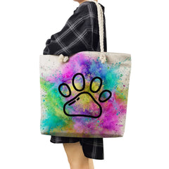 Dog Paw Printed Handbags For Women High Capacity Thick Rope Cartoon Casual