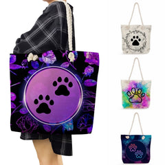 Dog Paw Printed Handbags For Women High Capacity Thick Rope Cartoon Casual