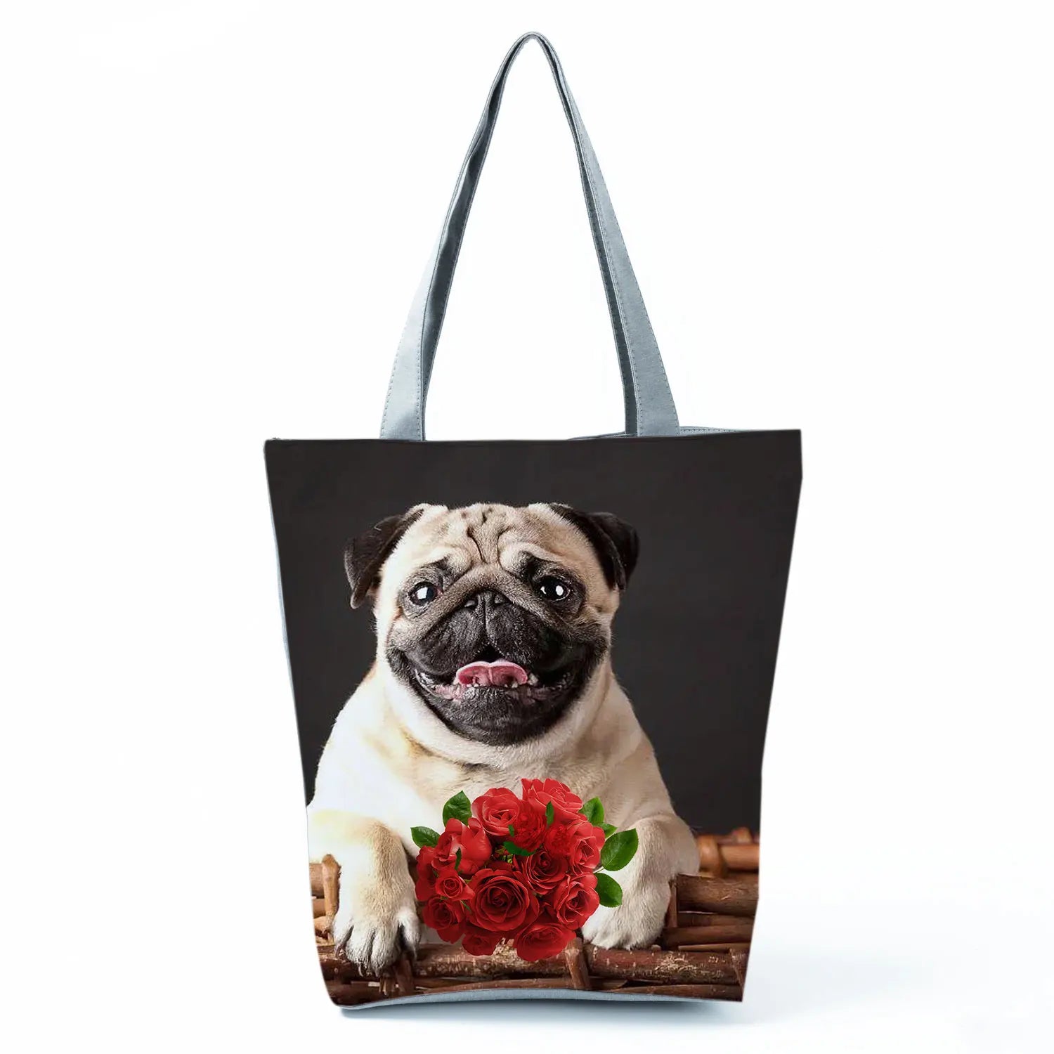 Pug Printed Handbag High Capacity Eco Reusable Shopping Bag Women Travel Tote