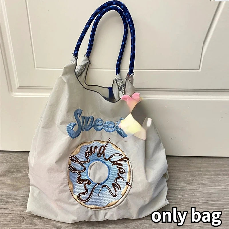 Donut Pattern Women Travel Tote Handbag Large Shopping Bags Cartoon Embroidery