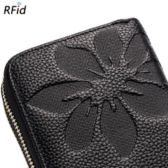 Women's Double Layer Leather Clutch Wallet Floral Embossed High Capacity Purse R
