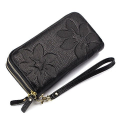 Women's Double Layer Leather Clutch Wallet Floral Embossed High Capacity Purse R
