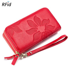 Women's Double Layer Leather Clutch Wallet Floral Embossed High Capacity Purse R