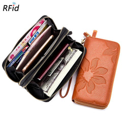 Women's Double Layer Leather Clutch Wallet Floral Embossed High Capacity Purse R