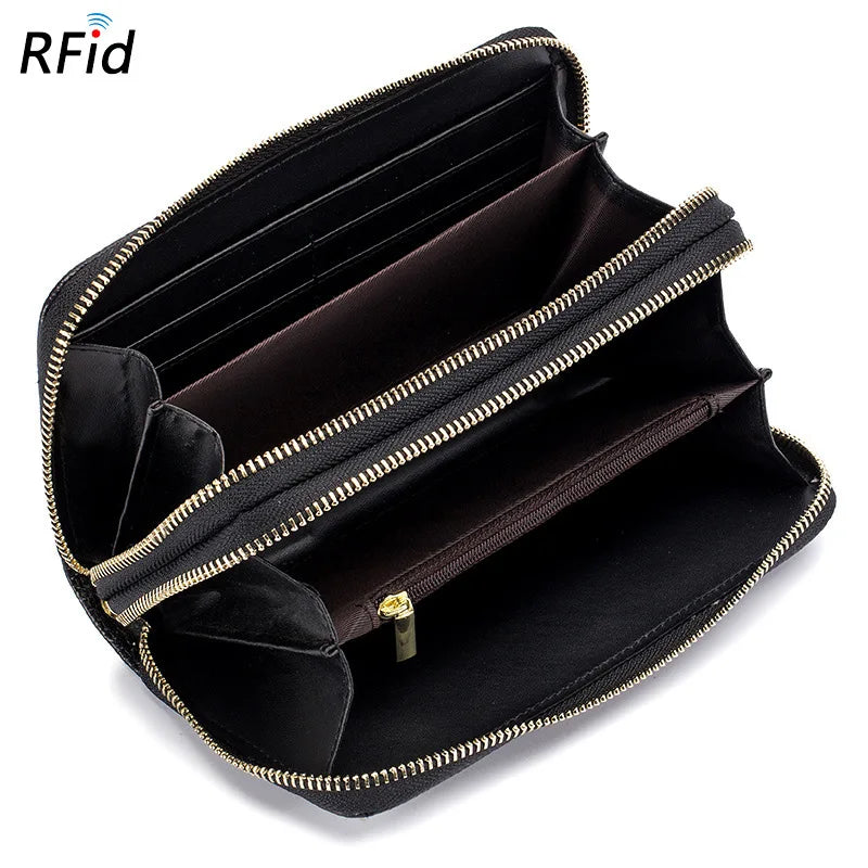 Women's Double Layer Leather Clutch Wallet Floral Embossed High Capacity Purse R