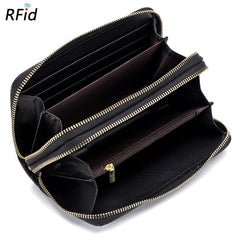 Women's Double Layer Leather Clutch Wallet Floral Embossed High Capacity Purse R