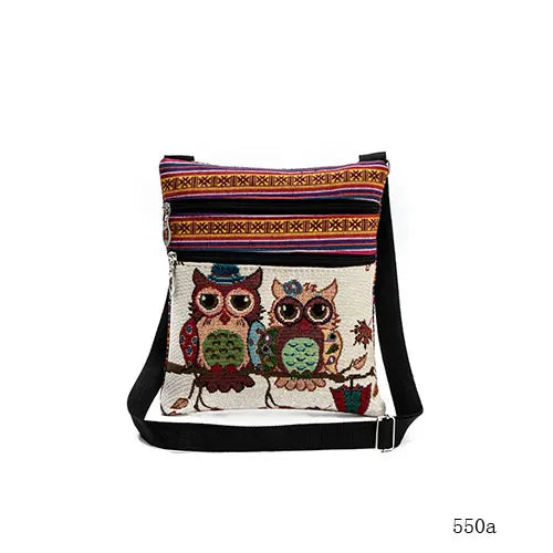 Owl Printed Mini Shoulder Bag Double Zipper Messenger Bag