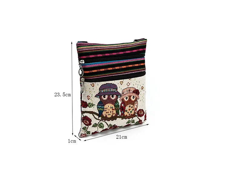 Owl Printed Mini Shoulder Bag Double Zipper Messenger Bag
