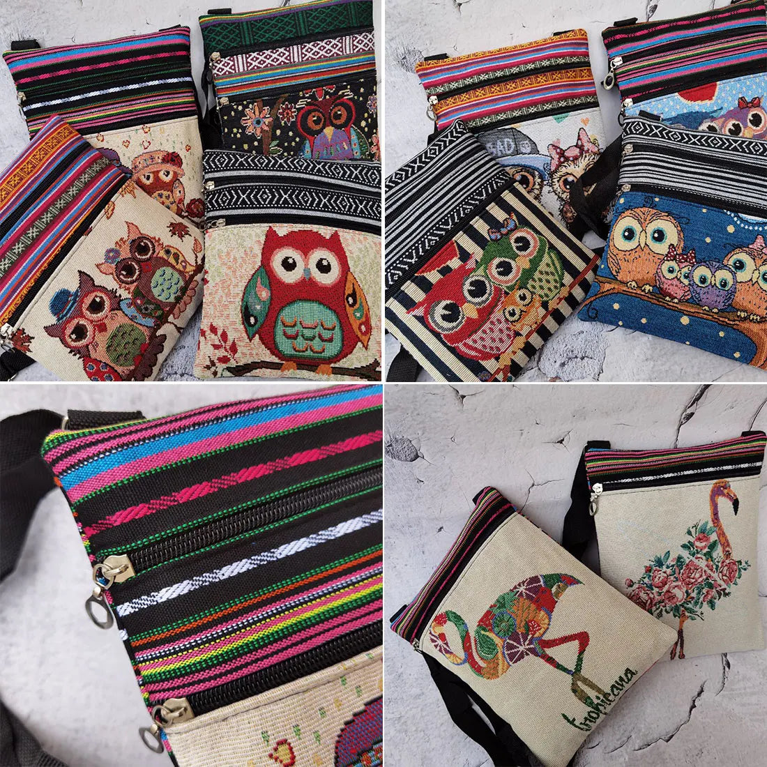 Owl Printed Mini Shoulder Bag Double Zipper Messenger Bag