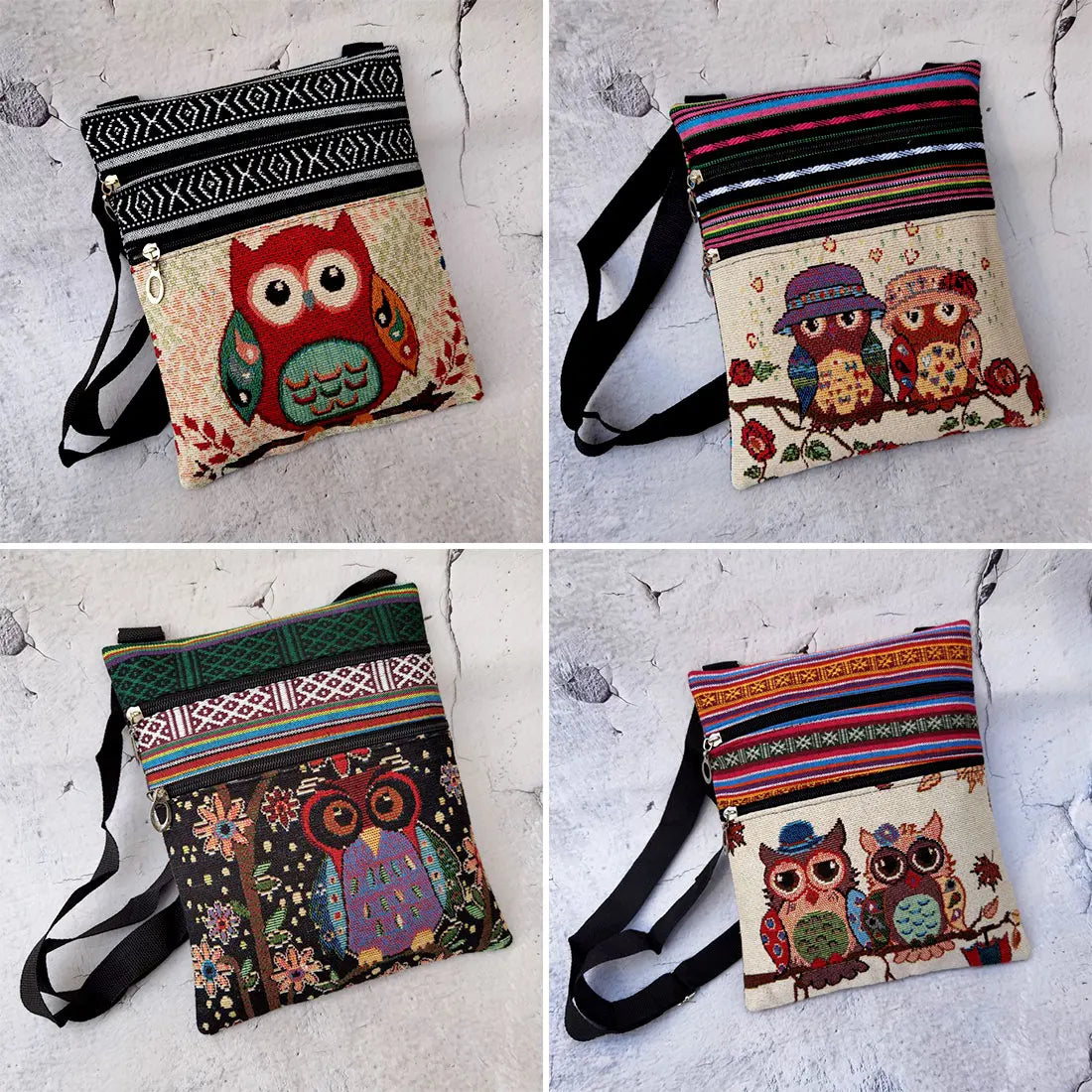 Owl Printed Mini Shoulder Bag Double Zipper Messenger Bag