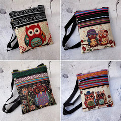 Owl Printed Mini Shoulder Bag Double Zipper Messenger Bag