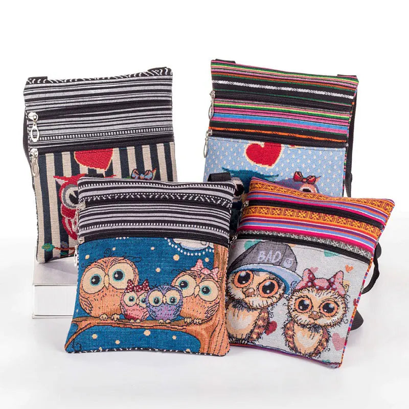 Owl Printed Mini Shoulder Bag Double Zipper Messenger Bag