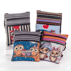 Owl Printed Mini Shoulder Bag Double Zipper Messenger Bag