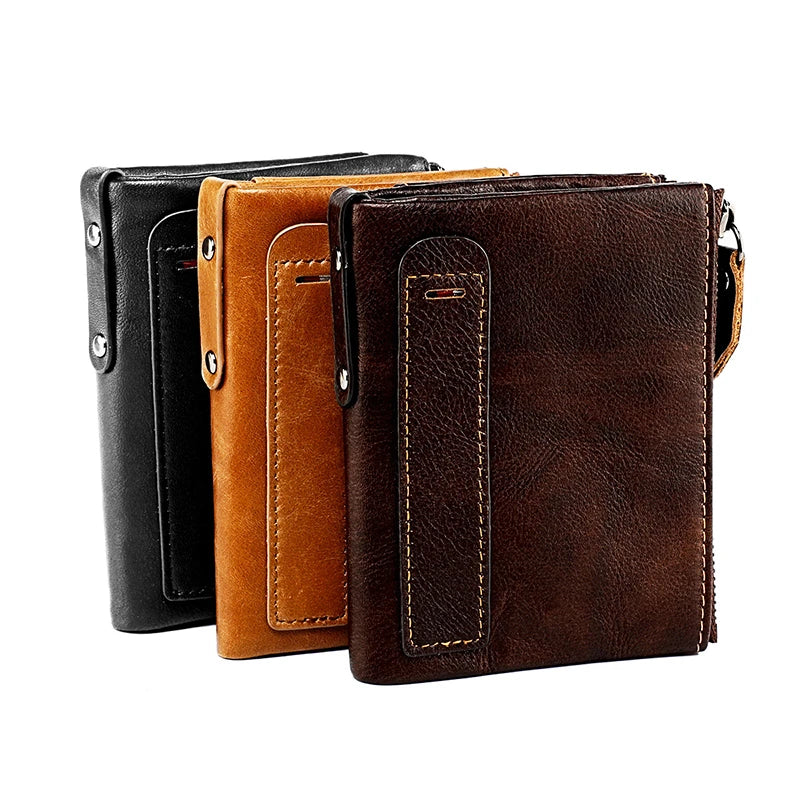 Men's Leather Wallet Double Zipper Short Purse