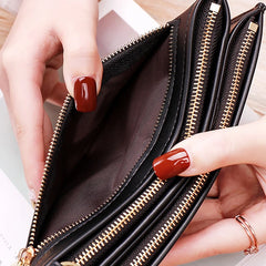 Double Zipper Wallet Women PU Leather Tassel Leaf Purse Clutch Bag