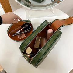Double Zipper Women Cosmetic Bag Travel Leather Makeup Bag