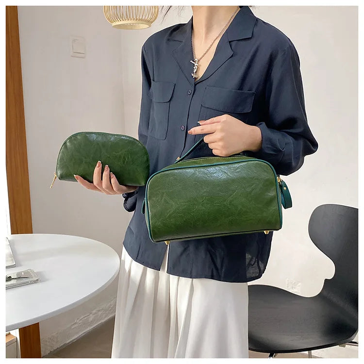 Double Zipper Women Cosmetic Bag Travel Leather Makeup Bag