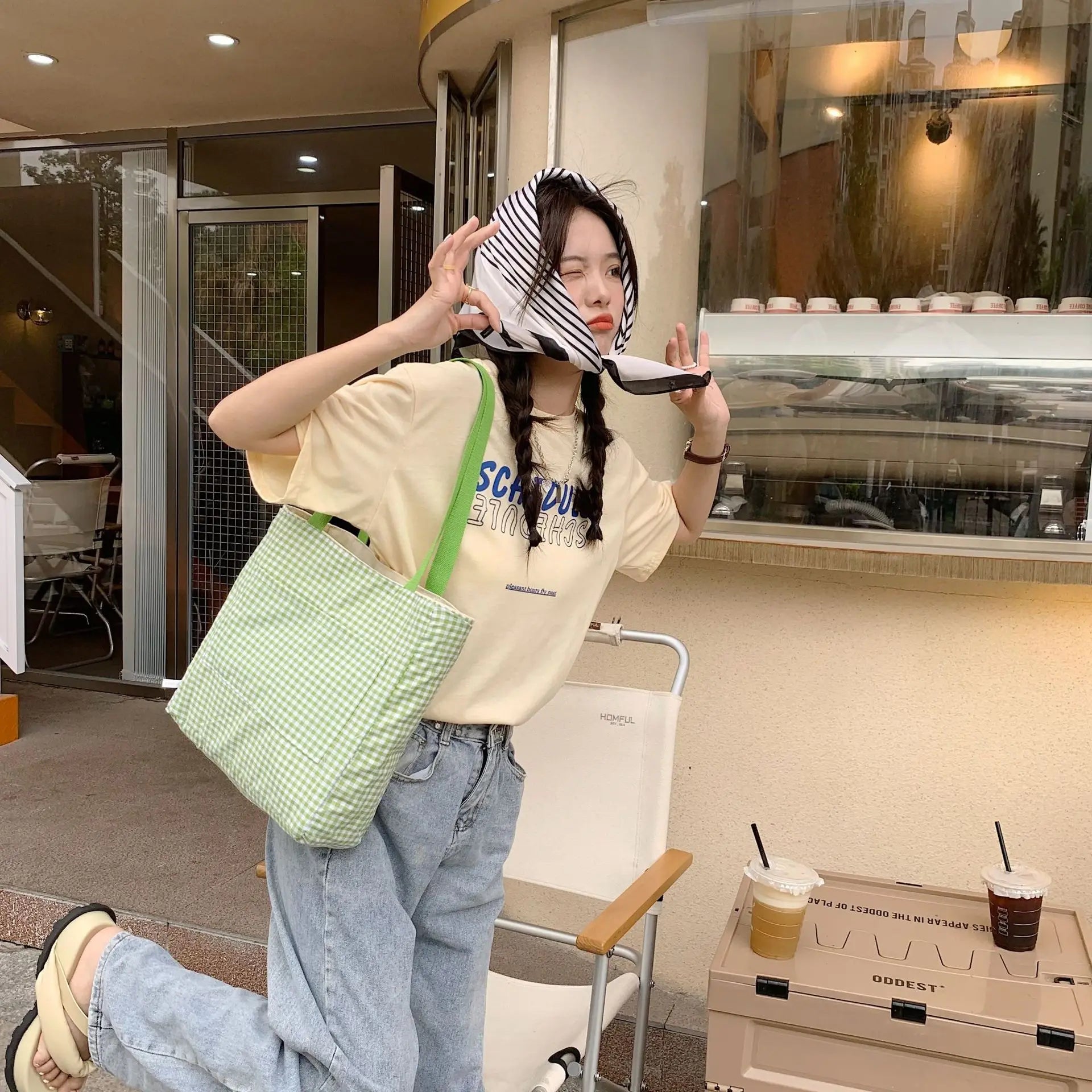 Plaid Canvas Bag for Women Girl's Shoulder Bags Casual Tote Female