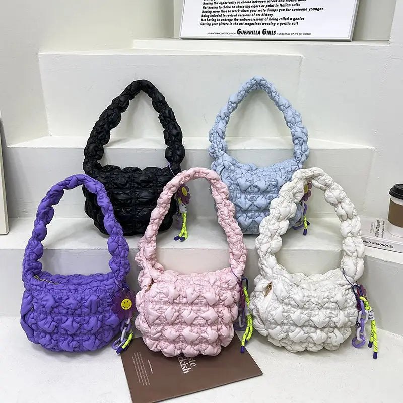 Women's Contrast Colors Shoulder Bag Pleated Underarm Handbag with Pendant