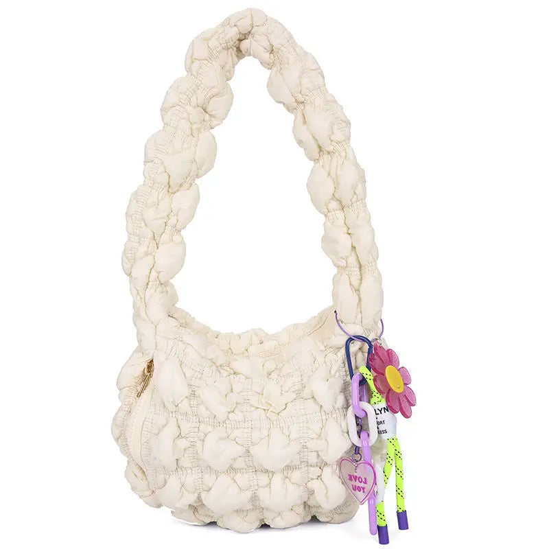 Women's Contrast Colors Shoulder Bag Pleated Underarm Handbag with Pendant