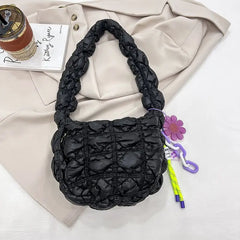 Women's Contrast Colors Shoulder Bag Pleated Underarm Handbag with Pendant