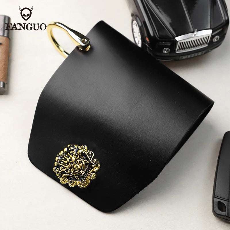 Dragon Head Button Leather Men's Car Key Holder Bag