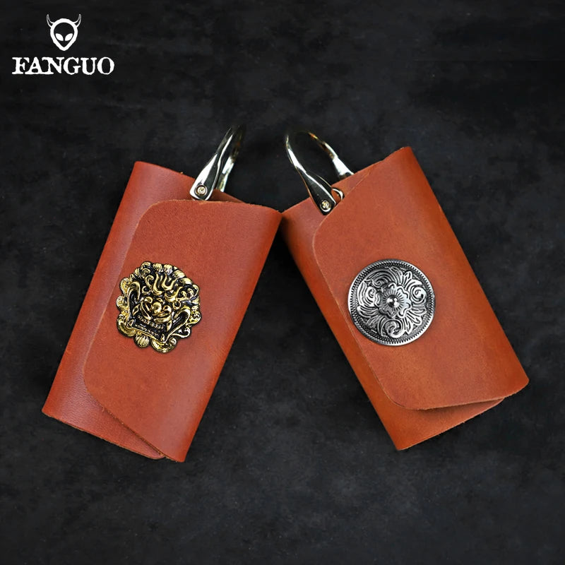Dragon Head Button Leather Men's Car Key Holder Bag