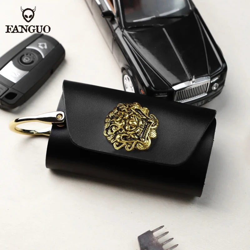 Dragon Head Button Leather Men's Car Key Holder Bag