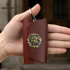 Dragon Head Button Leather Men's Car Key Holder Bag