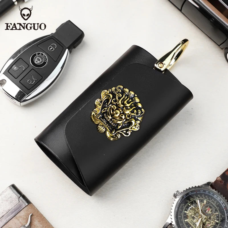 Dragon Head Button Leather Men's Car Key Holder Bag