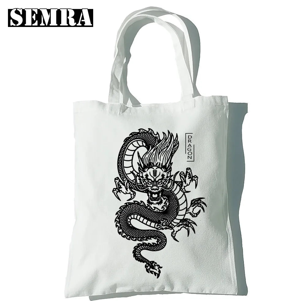 Dragon Printing Canvas Shopper Bag Harajuku Punk Gothic Tote Vintage Shoulder