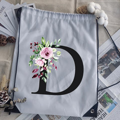 Alphabet Flower Print Drawstring Bag School Backpack Men Women