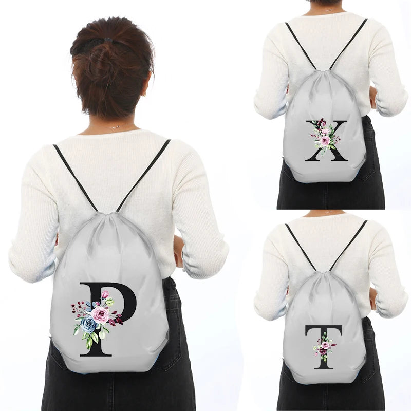 Alphabet Flower Print Drawstring Bag School Backpack Men Women