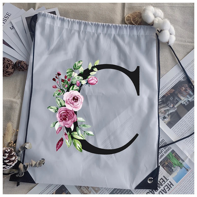 Alphabet Flower Print Drawstring Bag School Backpack Men Women
