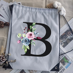 Alphabet Flower Print Drawstring Bag School Backpack Men Women