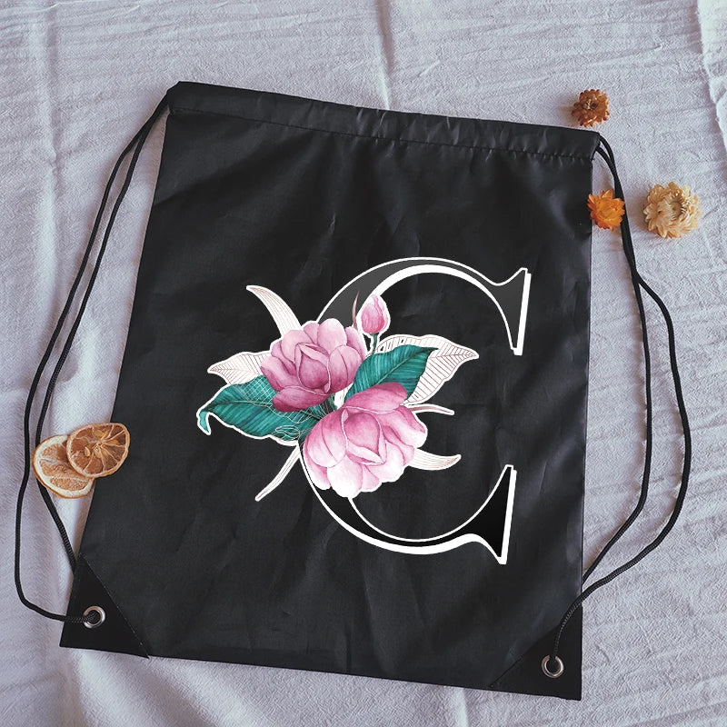 Alphabet Flower Print Drawstring Bag Women's Backpack